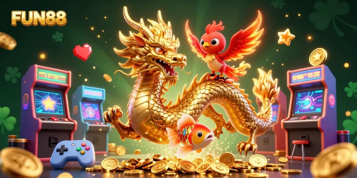 Engage with exhilarating FUN88 gaming experiences as a golden dragon, phoenix, and koi fish emerge in a vibrant celebration of luck and fortune.
