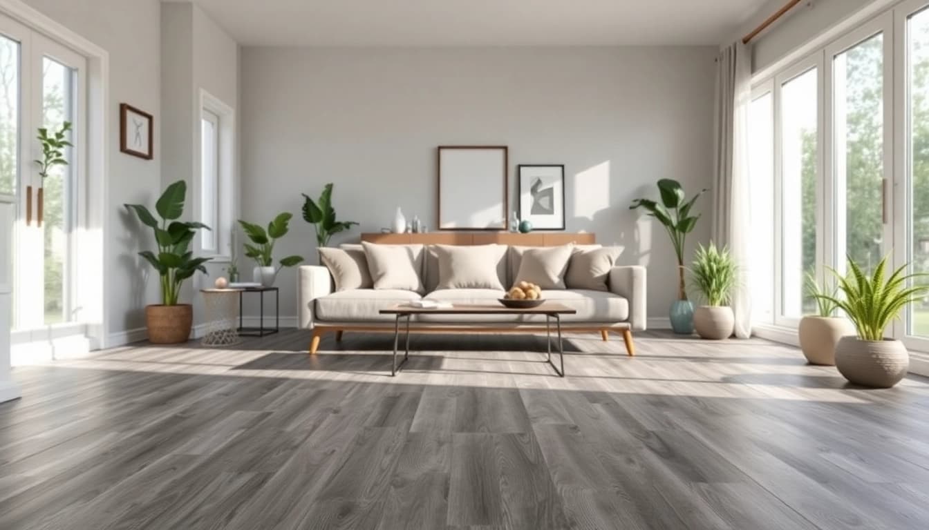 Transform your space with beautiful grey vinyl flooring showcasing modern design elements.
