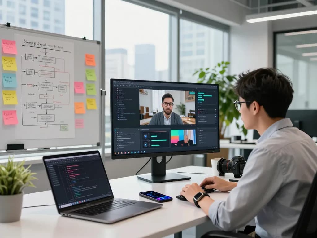 Video to prompt analysis in a modern office with AI-generated insights displayed on a large monitor.