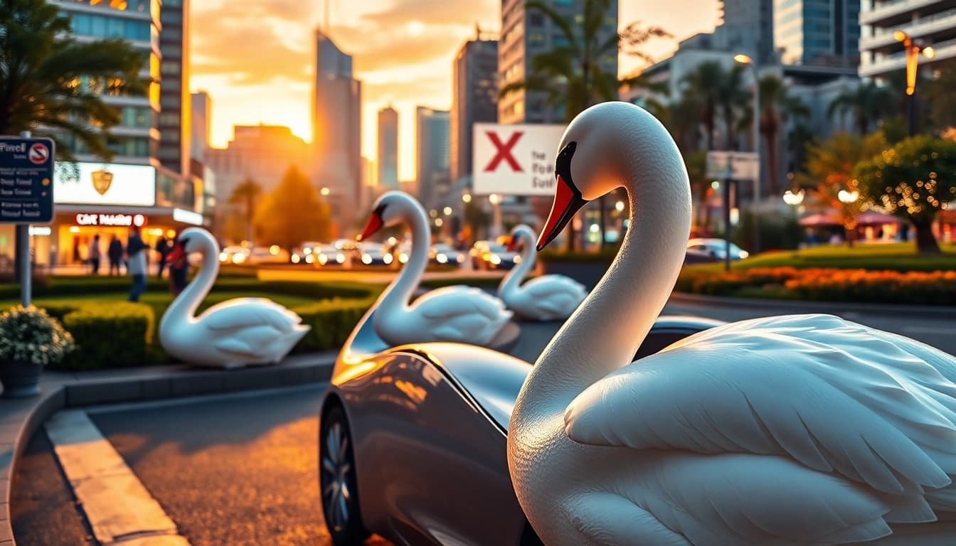 Swan Cars parked in a lively urban setting showcasing elegant designs and luxury.