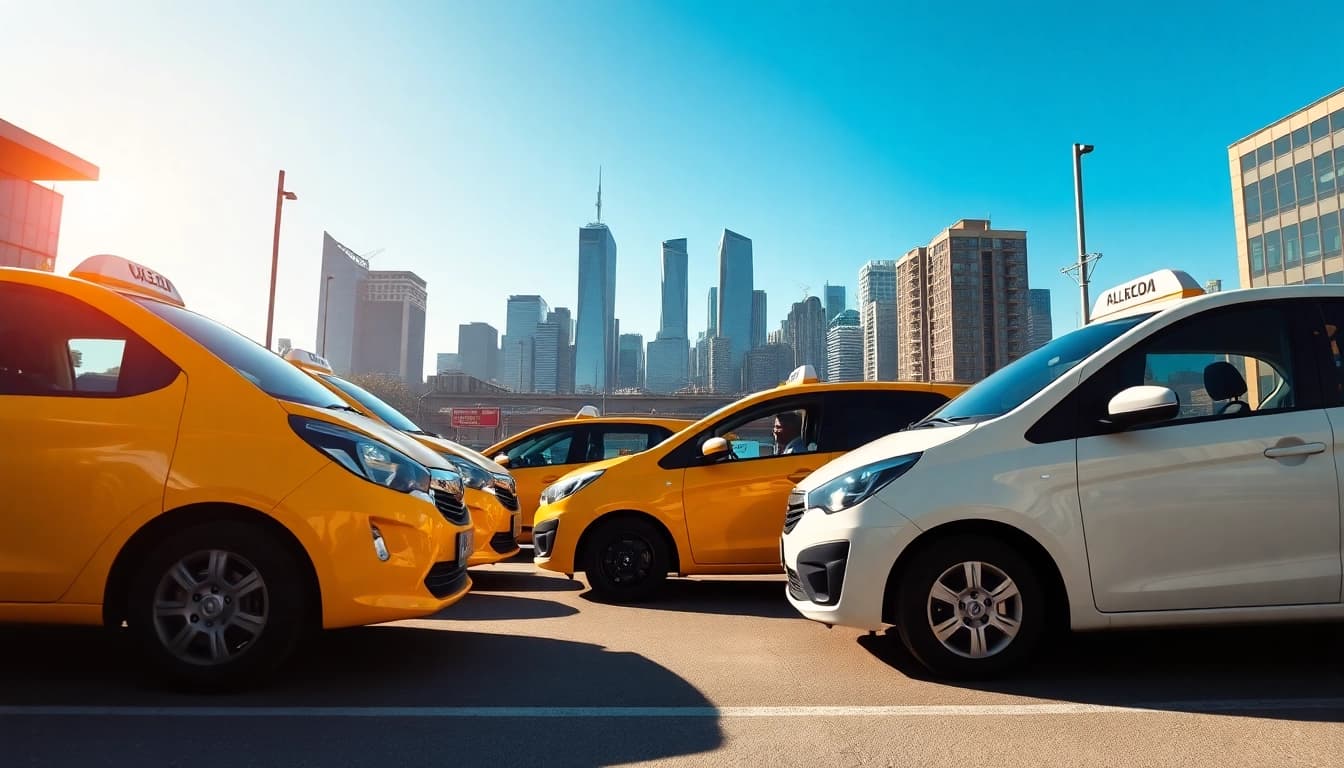 Minicabs parked in a modern urban setting, showcasing sleek cars ready for hire.