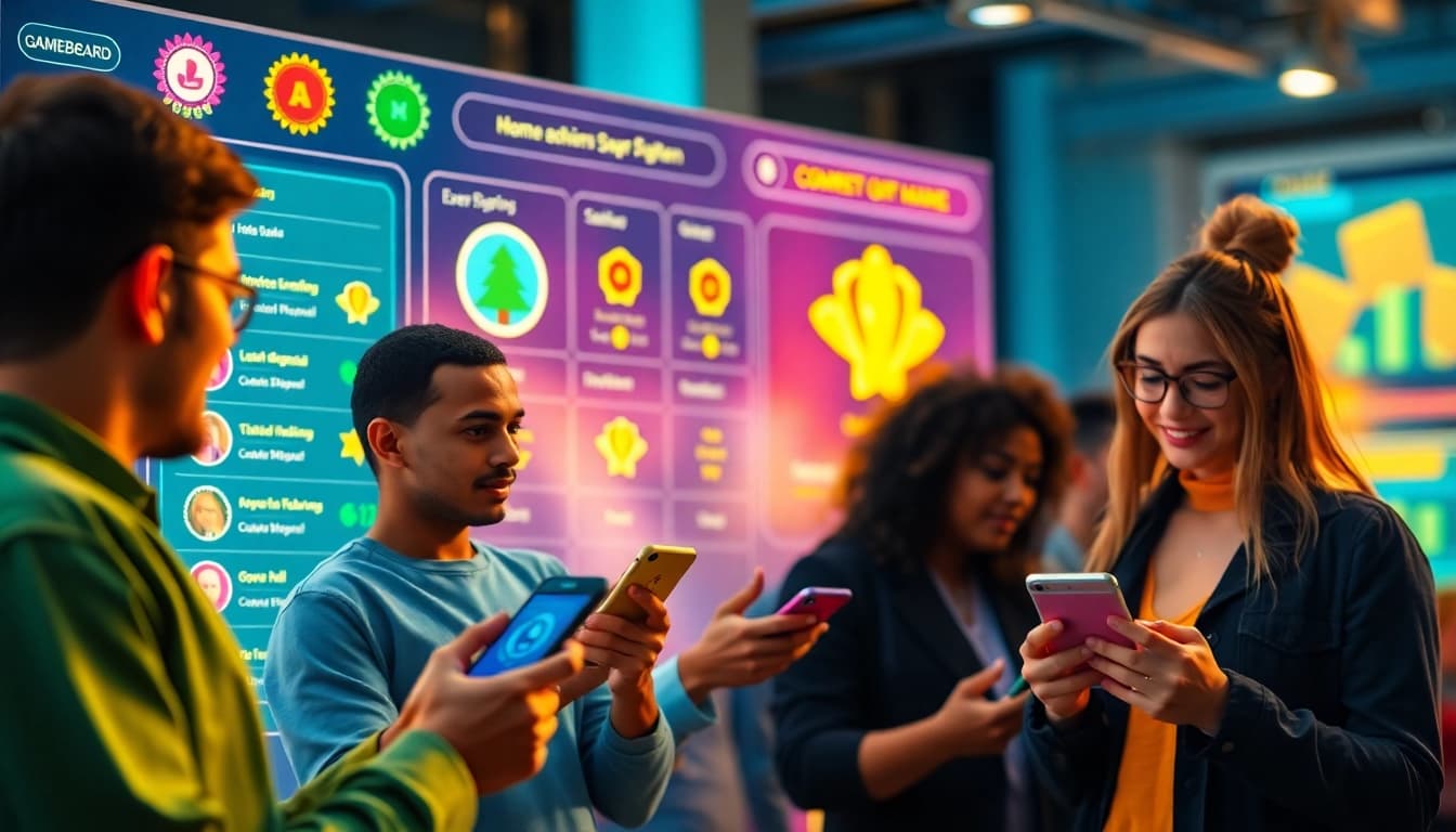 Engaged users leveraging gamification as a service through a vibrant digital interface, showcasing competitive leaderboards and rewards.