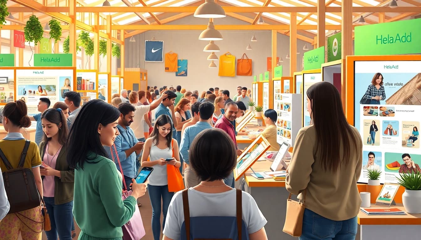 Engaging marketplace with people using Hela Add for buying and selling.
