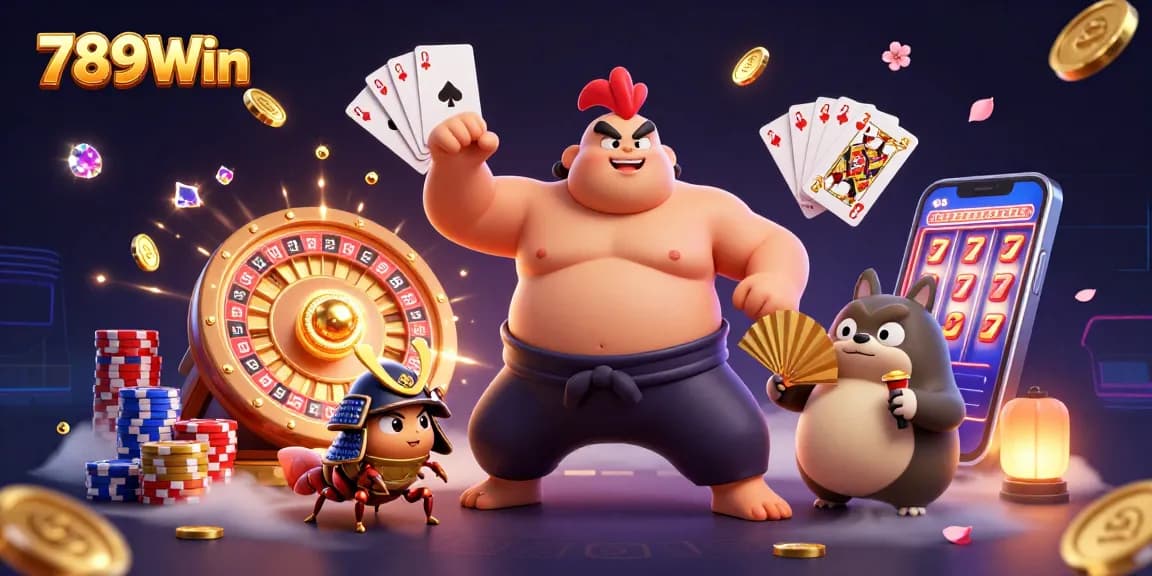 Experience the thrill of 789Win with a vibrant 3D scene featuring casino elements and characters.