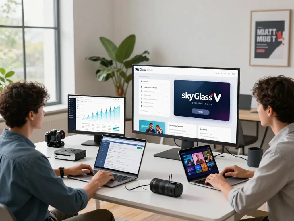 Team using the Sky Glass IPTV Reseller Panel in a modern workspace, showcasing IPTV subscription management.