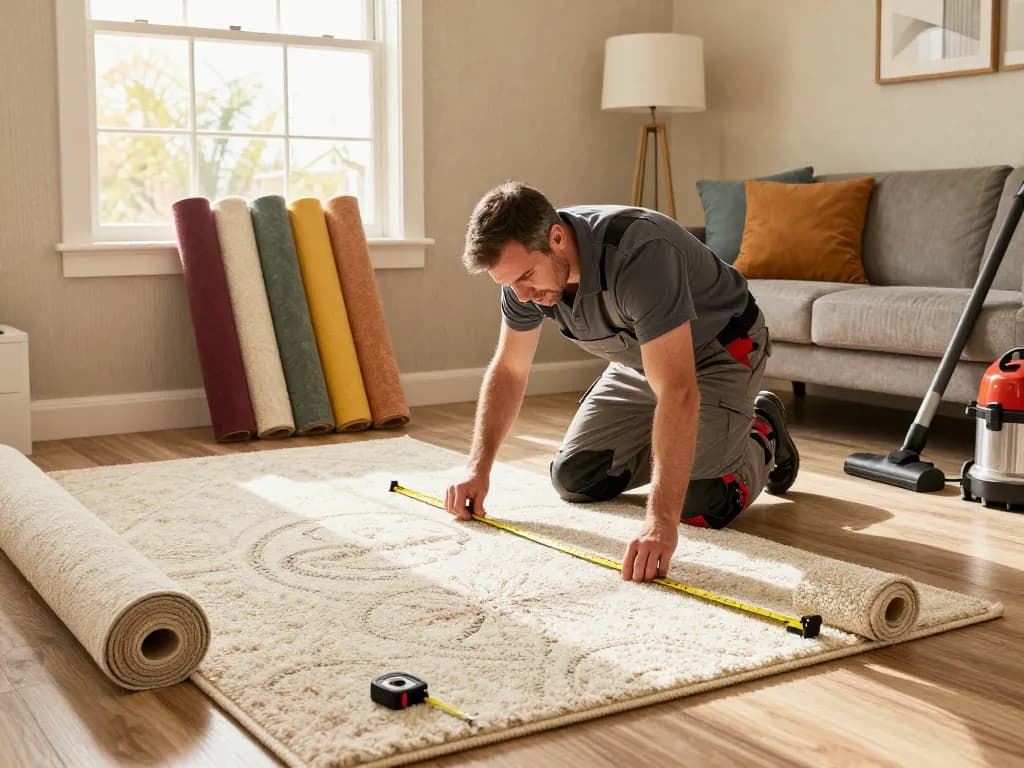 Professional carpet fitters near me installing plush carpet in a cozy living room, measuring tools and rolls of carpet nearby.