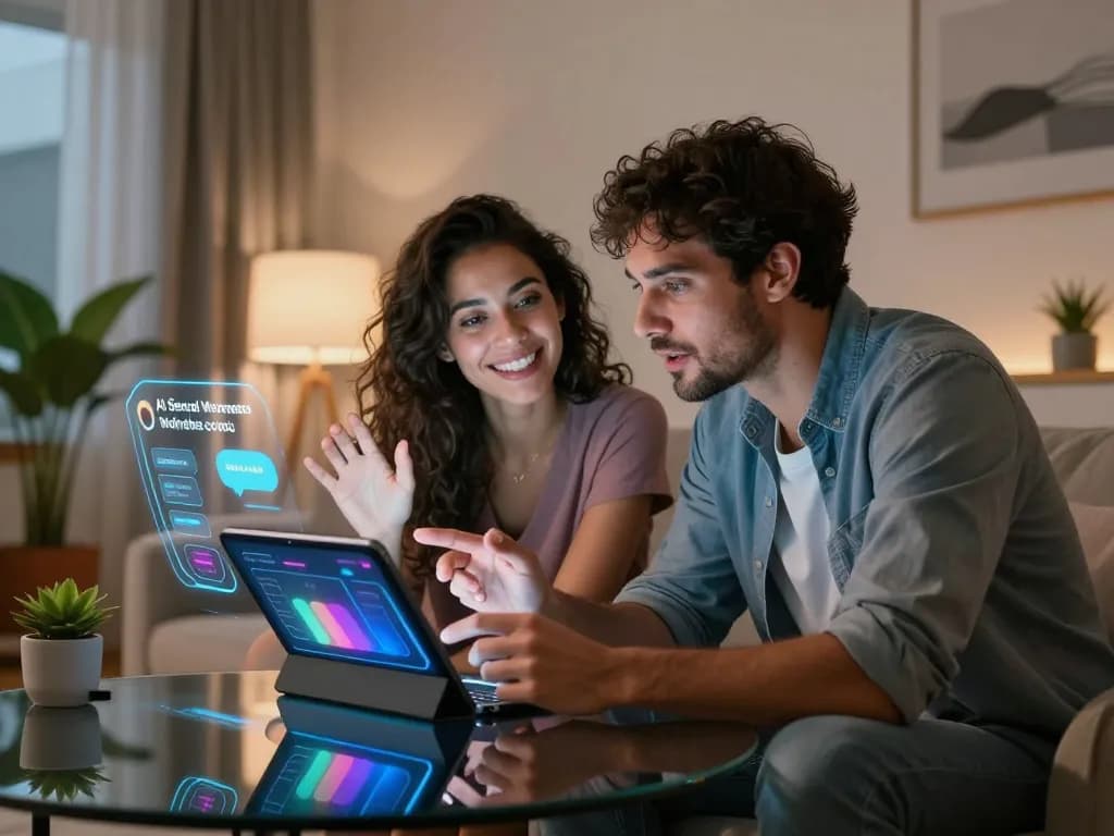 Couple discussing sex AI technology on a tablet in a modern urban living space, showcasing digital wellness interactions.
