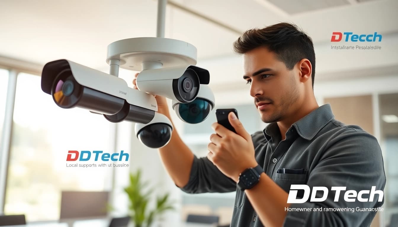 Soporte técnico en cámaras de seguridad, instalación realizada por un técnico profesional en una oficina moderna.