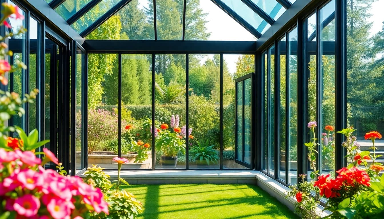 Discover a vibrant sunroom for sale surrounded by a lush garden, perfect for relaxation.