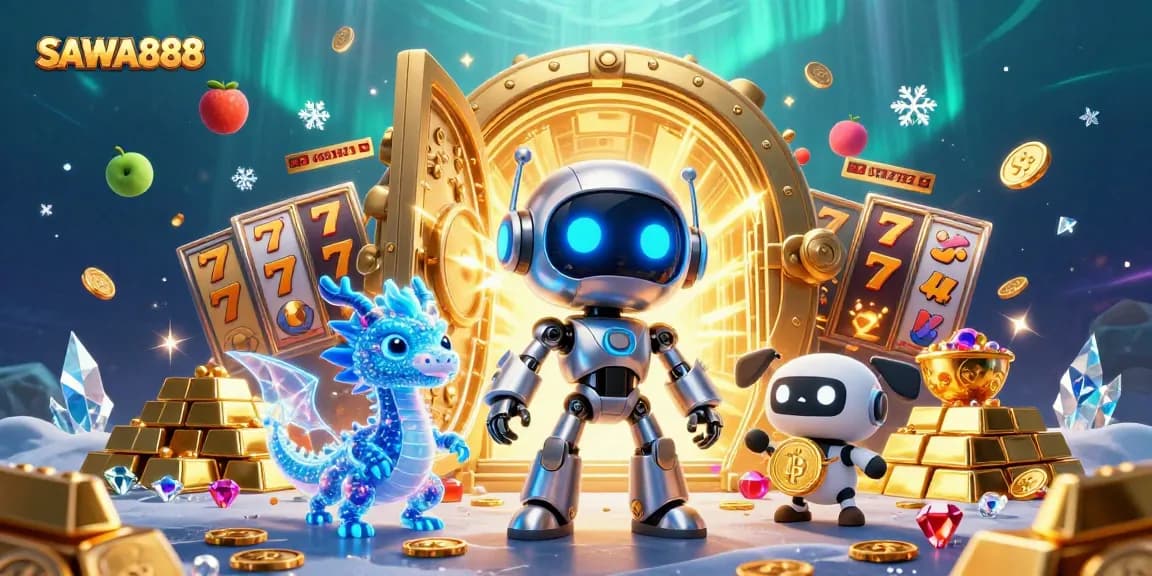 Experience excitement with SAWA888’s vibrant scene featuring a cyberpunk mascot and wealth symbols.