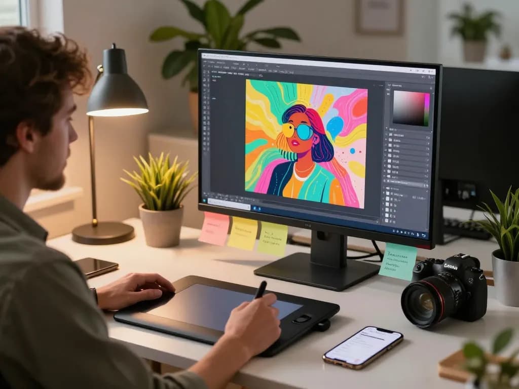 Artist using nano banana 2 AI image editor in a modern creative workspace, generating vibrant visuals.