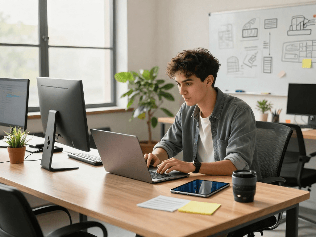 Programador usando Immediate Edge en un espacio de trabajo moderno lleno de tecnología.