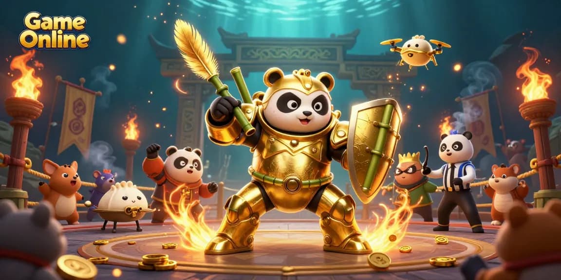 Engaging Game Online scene with a golden panda mech in a dynamic casino arena.