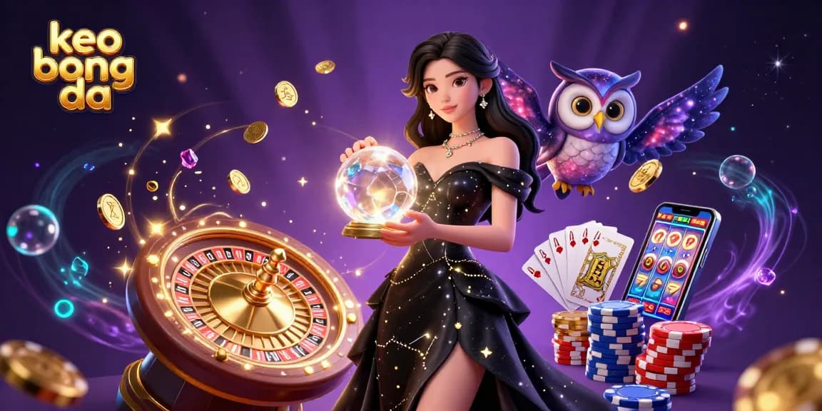 Bet on keo bong da with a skilled woman and mystical owl amid magical casino elements and golden details.