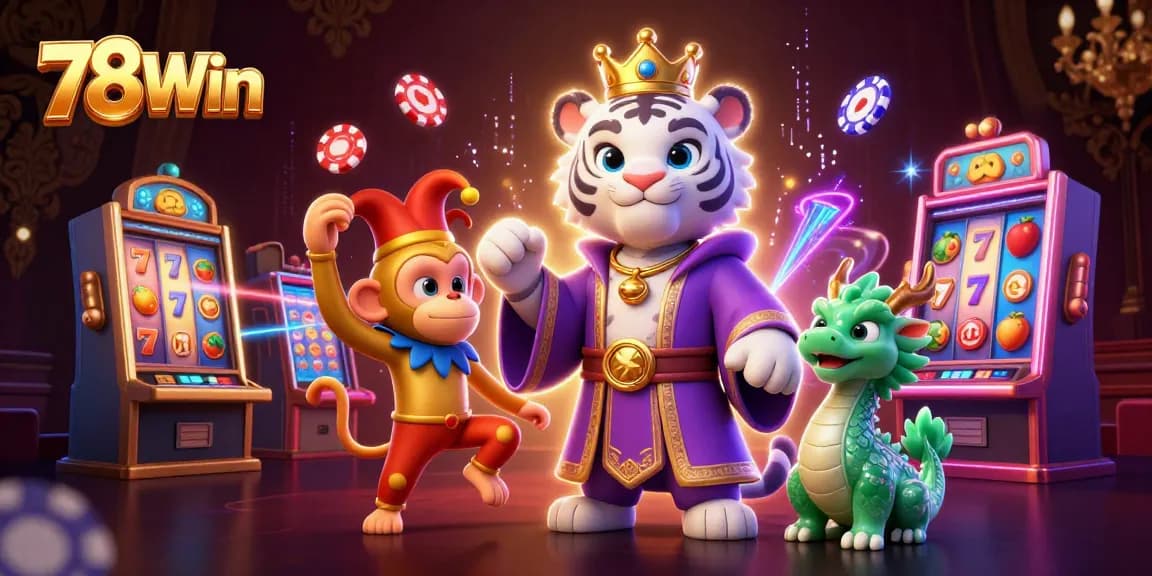 Spin and win at 78Win with vibrant slot machines and lively characters in a fun casino scene.