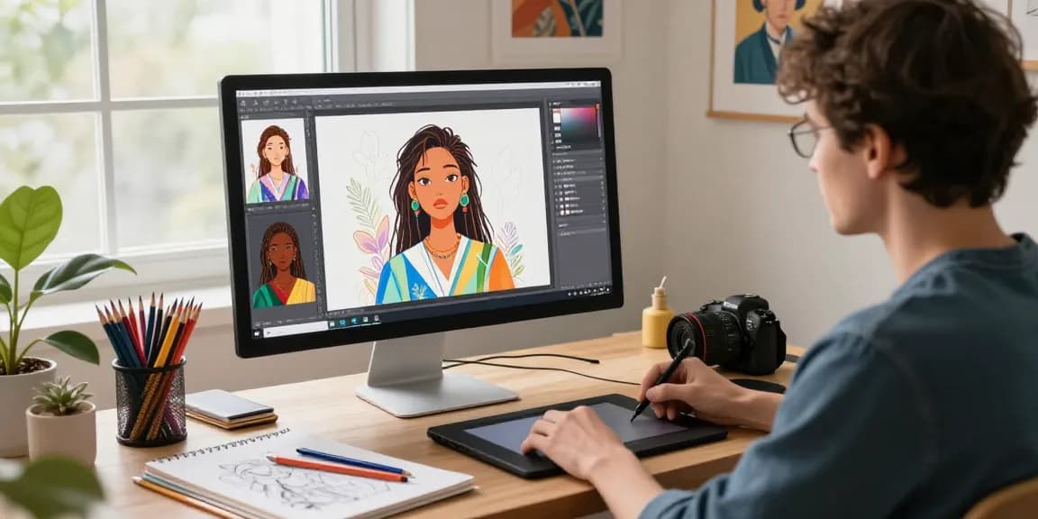 Dynamic workspace showcasing AI NSFW art creation process with digital tools and supplies.