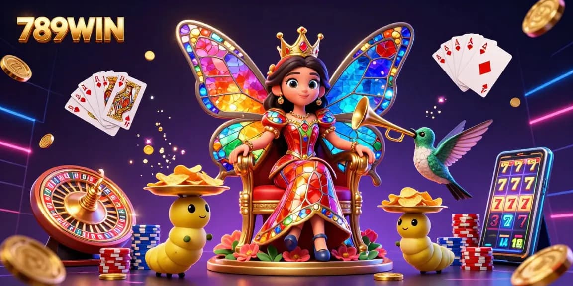 Win big with 789WIN's vibrant casino scene featuring butterfly queen and shimmering gems.