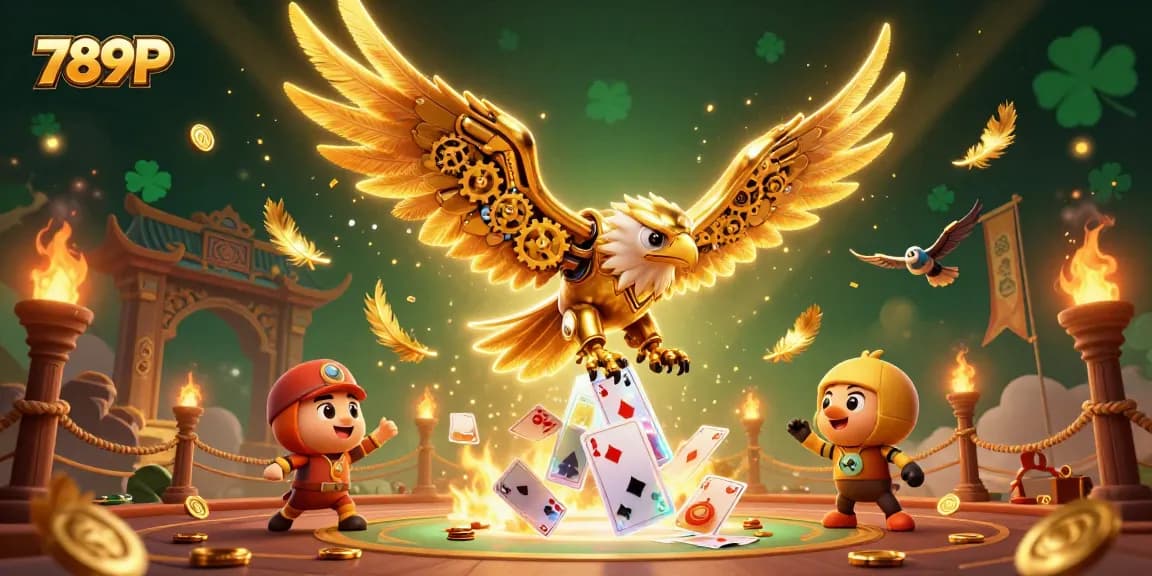Engage with 789P in a vibrant casino scene, featuring a golden eagle amidst holographic cards.