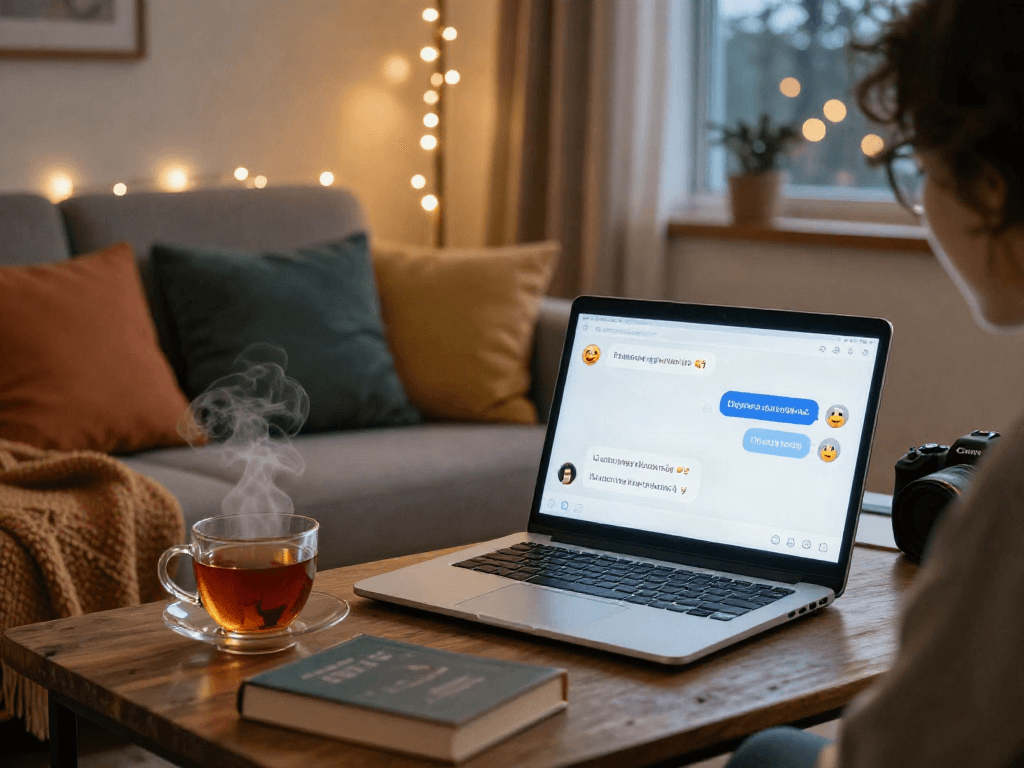 Engaging in a fun porn ai chat on a laptop in a cozy digital setting with playful emojis and a warm atmosphere.