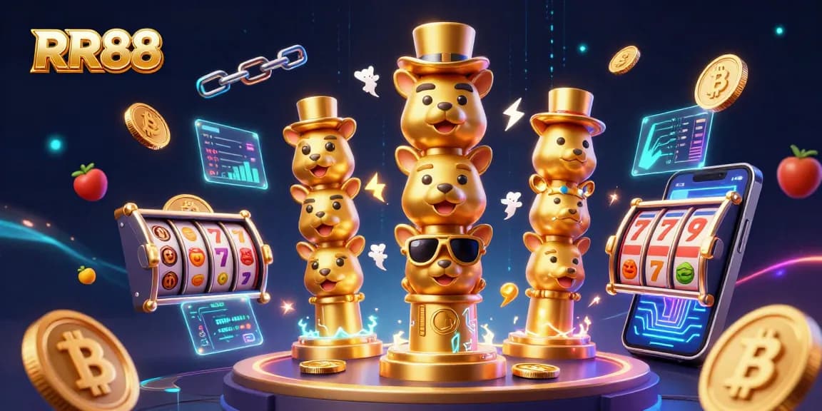 Engage with RR88's vibrant casino experience through thrilling illustrations of gaming elements and crypto coins.