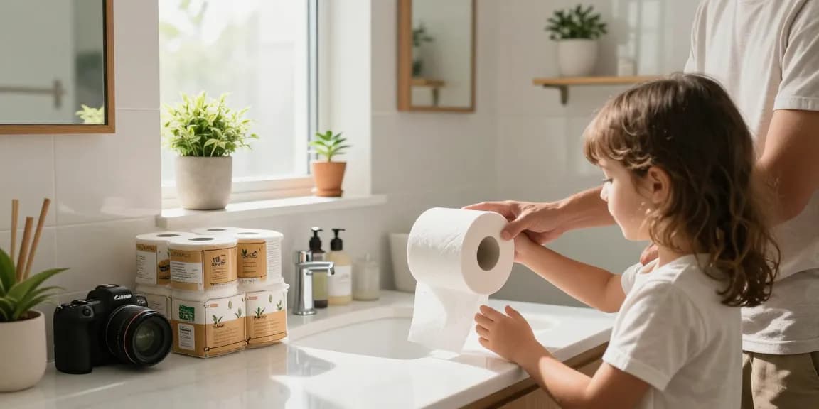 Bamboo Toilet Paper displayed in a sustainable bathroom setting, showcasing eco-friendly luxury.