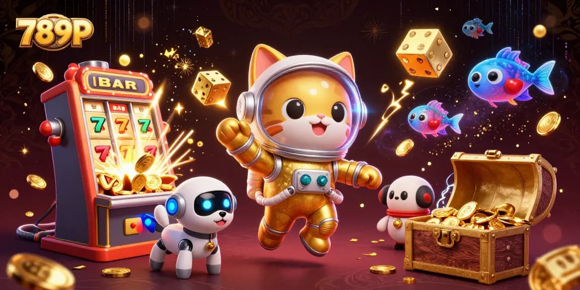 Engage in thrilling gaming with 789P as the astronaut cat plays amidst slot machine jackpots and cosmic treasures.