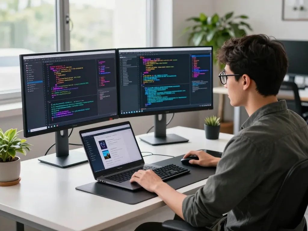 Developer using an image to prompt tool at a modern tech workspace with dual monitors and ambient lighting.