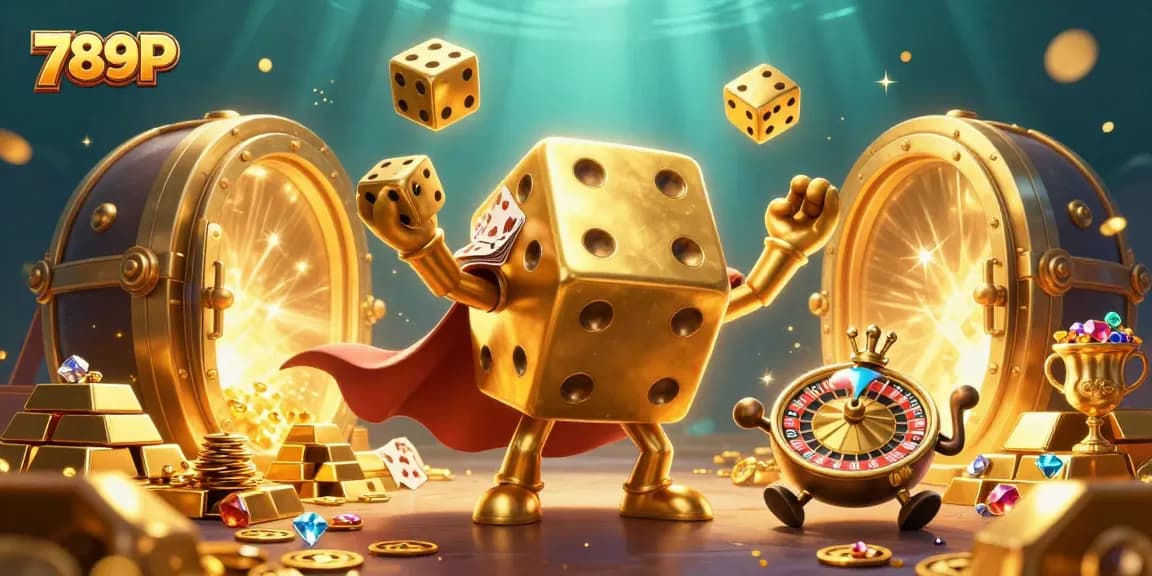 789P casino illustration showing a dice golem with jewel treasures, enhancing gaming excitement.