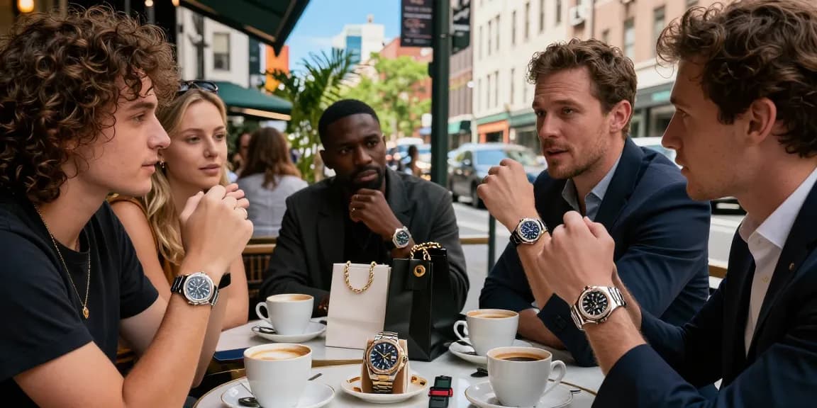 Group discussing super clone watches in urban café, showcasing luxury timepieces.