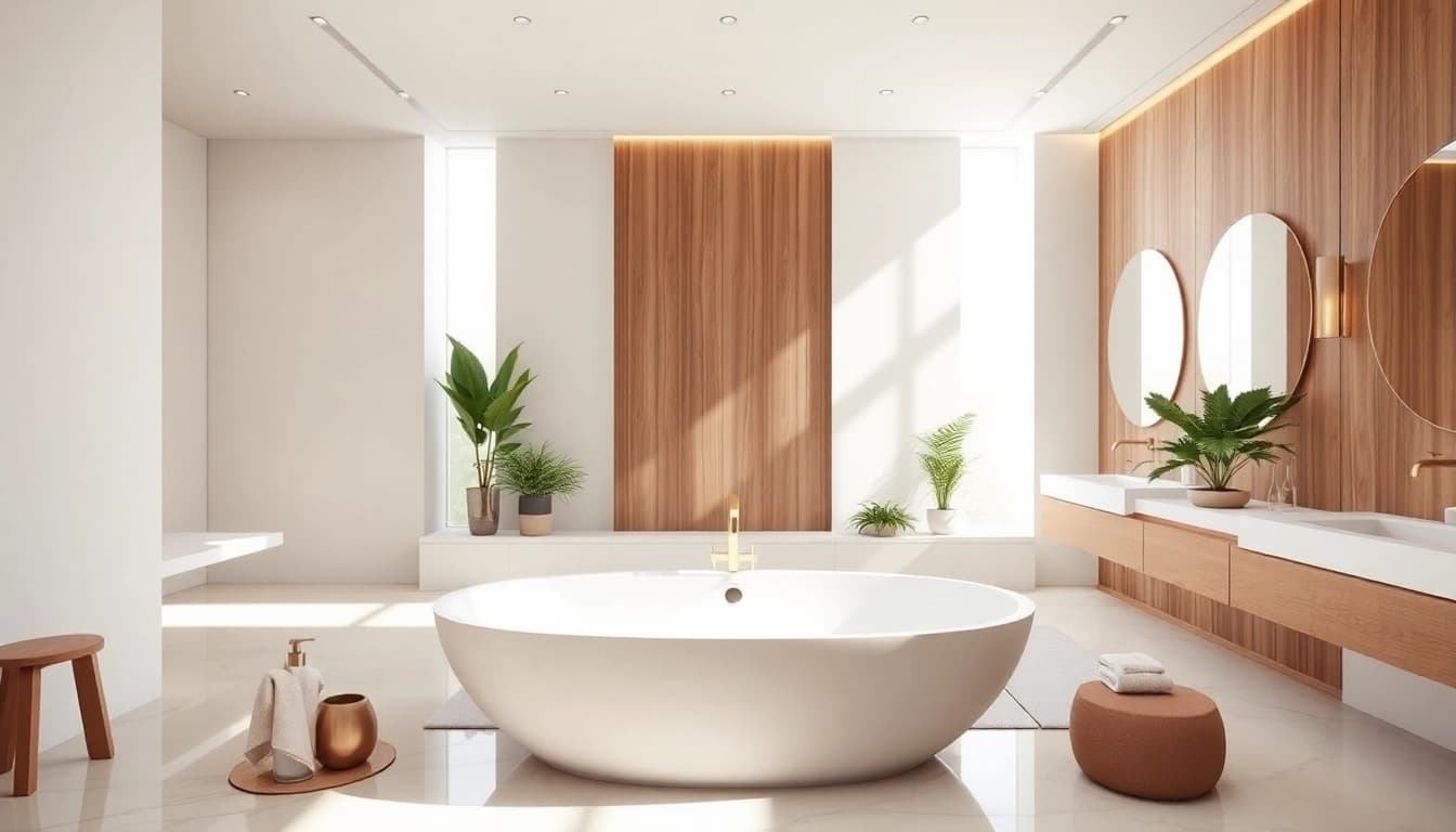 Transform your space with elegant bathrooms featuring sleek design and a freestanding tub.