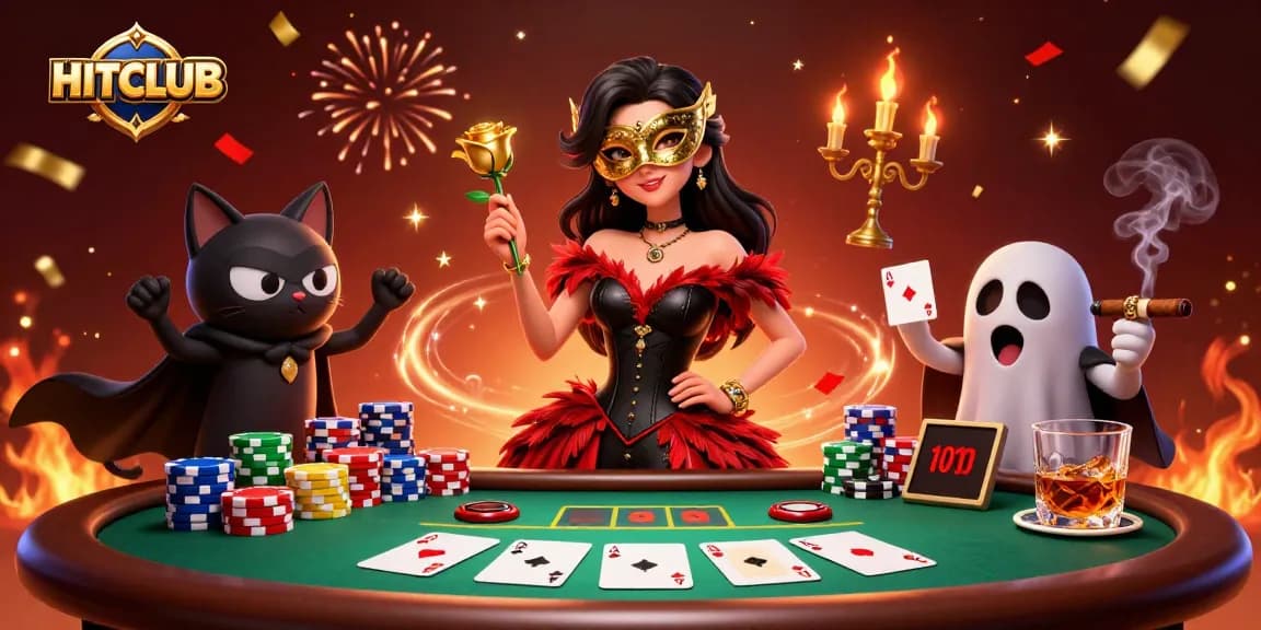 Engage in the excitement of HITCLUB with a dynamic scene featuring poker elements and a stunning thematic depiction.