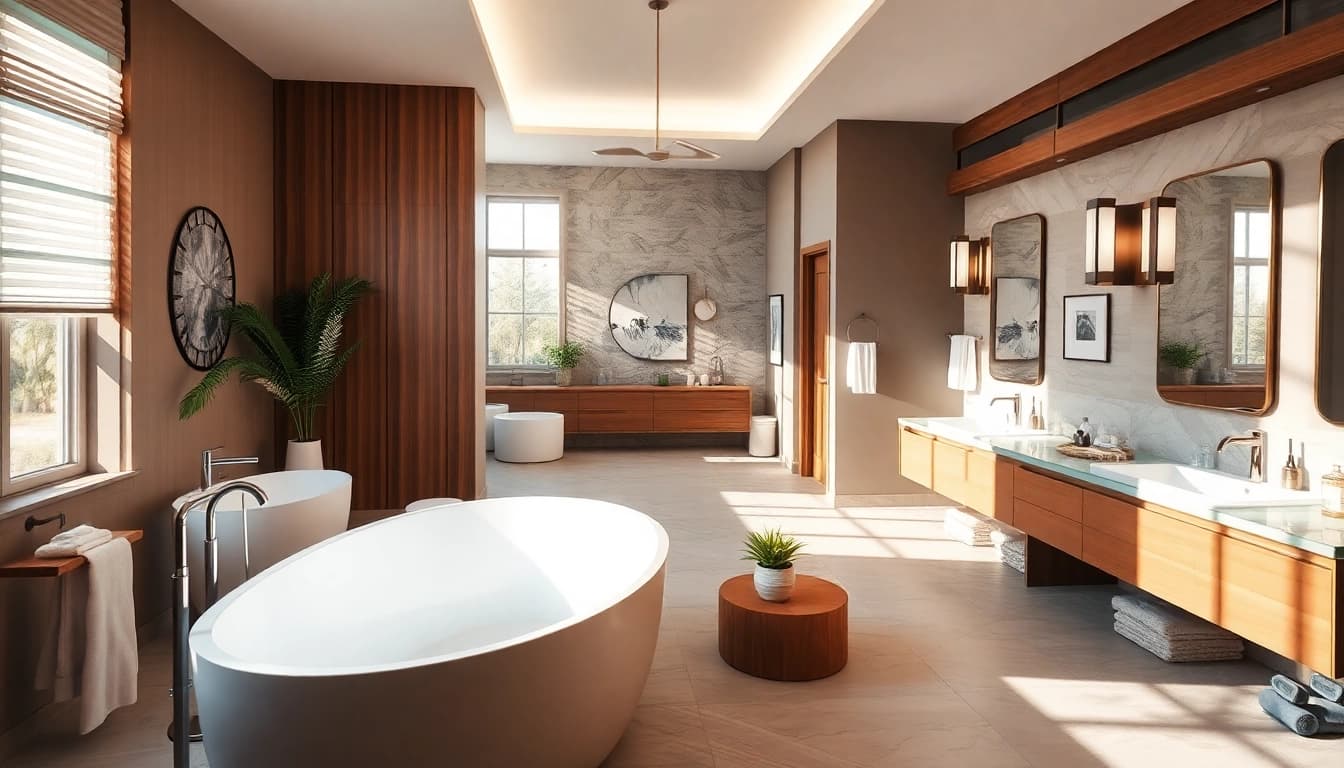 Bathroom remodeling near me showcasing a modern layout with luxury fixtures and elegant lighting.