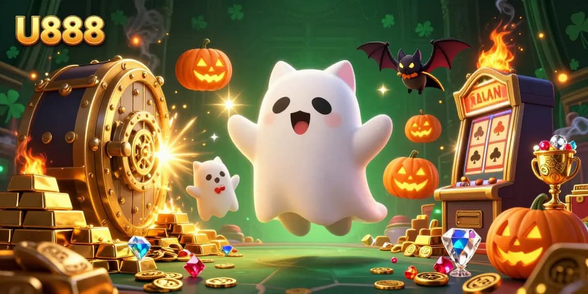 Experience U888's thrilling gameplay in a haunted casino with lively characters and dazzling treasures.