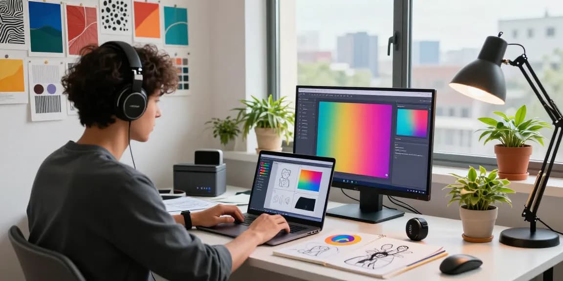 Artist using an AI image to prompt generator in a creative workspace with colorful inspirations.