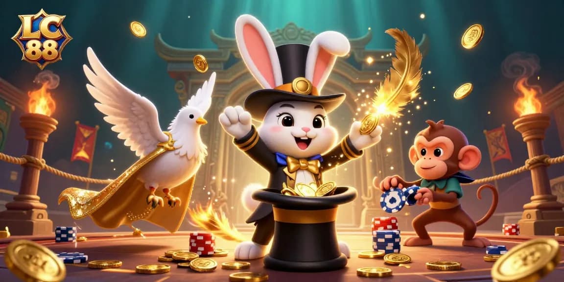 Experience thrilling gaming excitement with LC 88 magician, dove, and monkey in a vibrant casino scene.