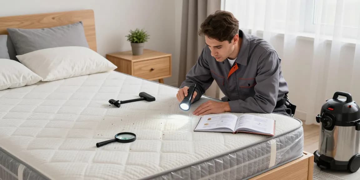Professional inspecting bedding for bed bug removal in a cozy bedroom