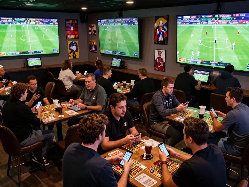 Fans engaging in live sports betting at Keonhacai5, with screens showing exciting matches and vibrant atmosphere.