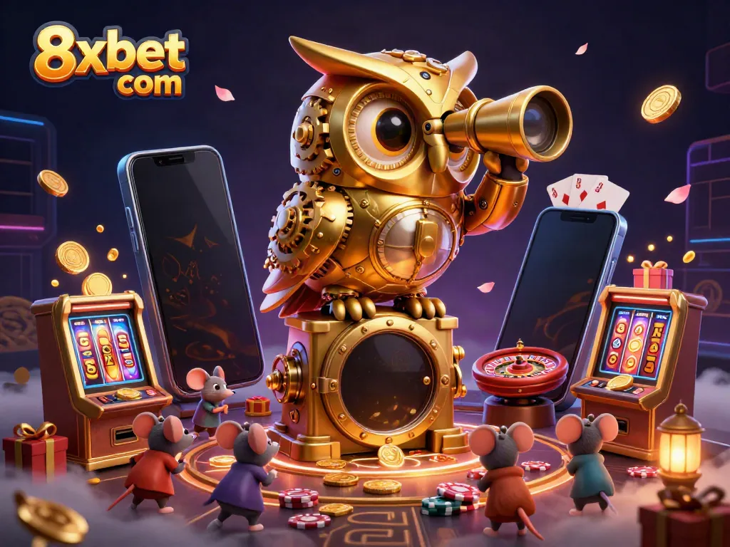 Engage with thrilling games at 8xbet com, featuring a vibrant 3D casino scene with dynamic elements.