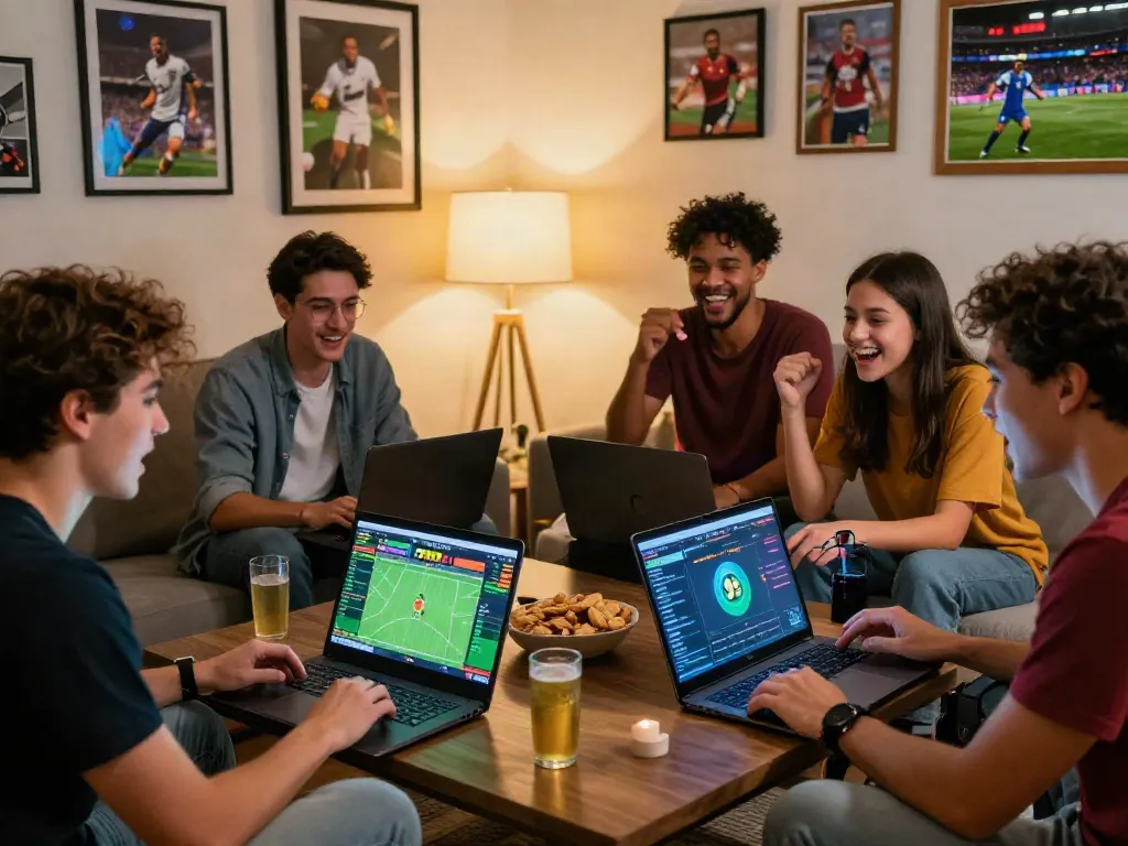 Friends enjoying a thrilling sports betting session on 9bet with enthusiasm and snacks.