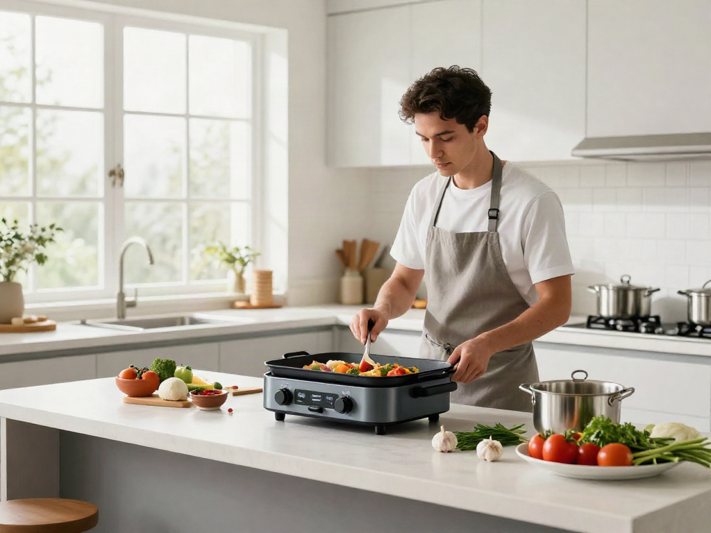 Cooking with Walton Infrared Cooker in a bright, modern kitchen.