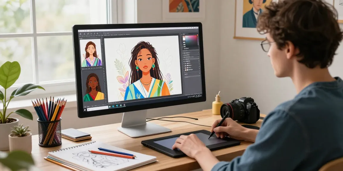 Dynamic workspace showcasing AI NSFW art creation process with digital tools and supplies.