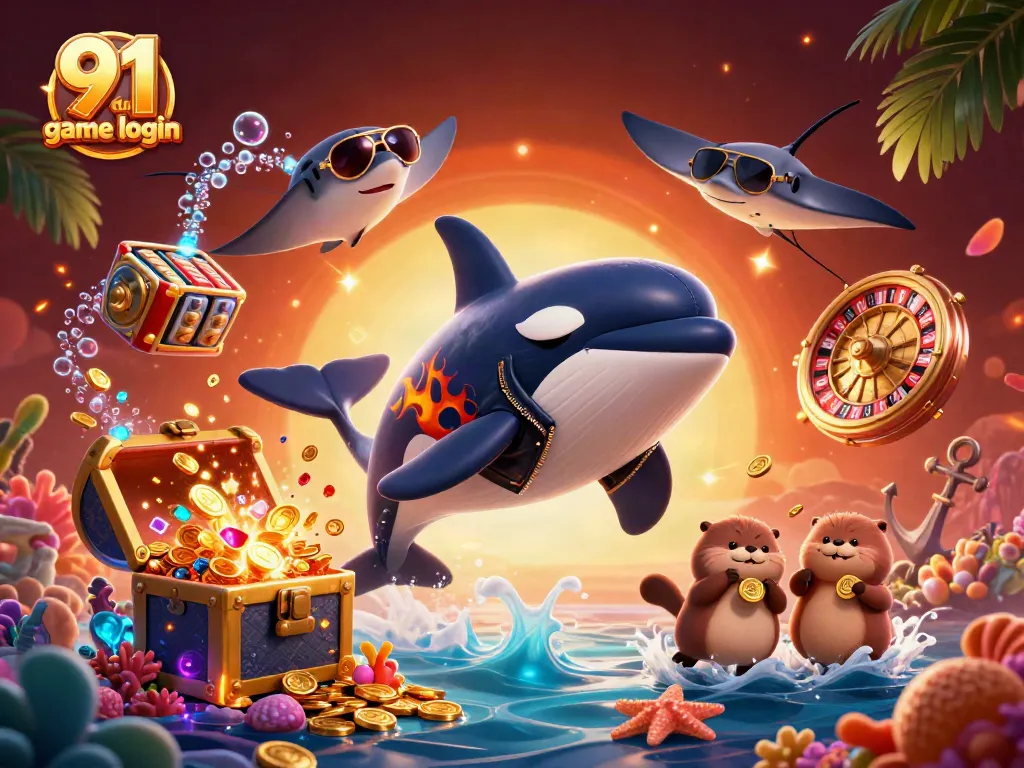 Engage with the 91 club game login scene featuring a jumping orca, a cool stingray, and otters with gold coins.