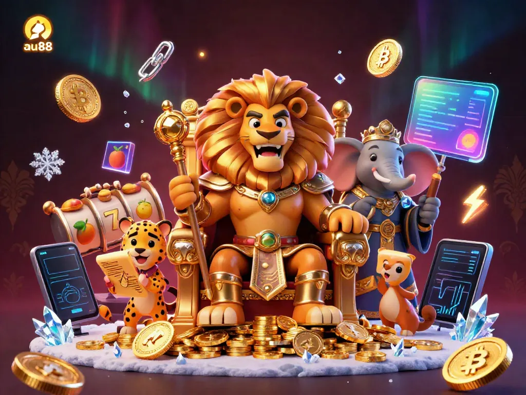 Experience casino thrills with au88's majestic lion king, vibrant gold coins, and dynamic gameplay elements.
