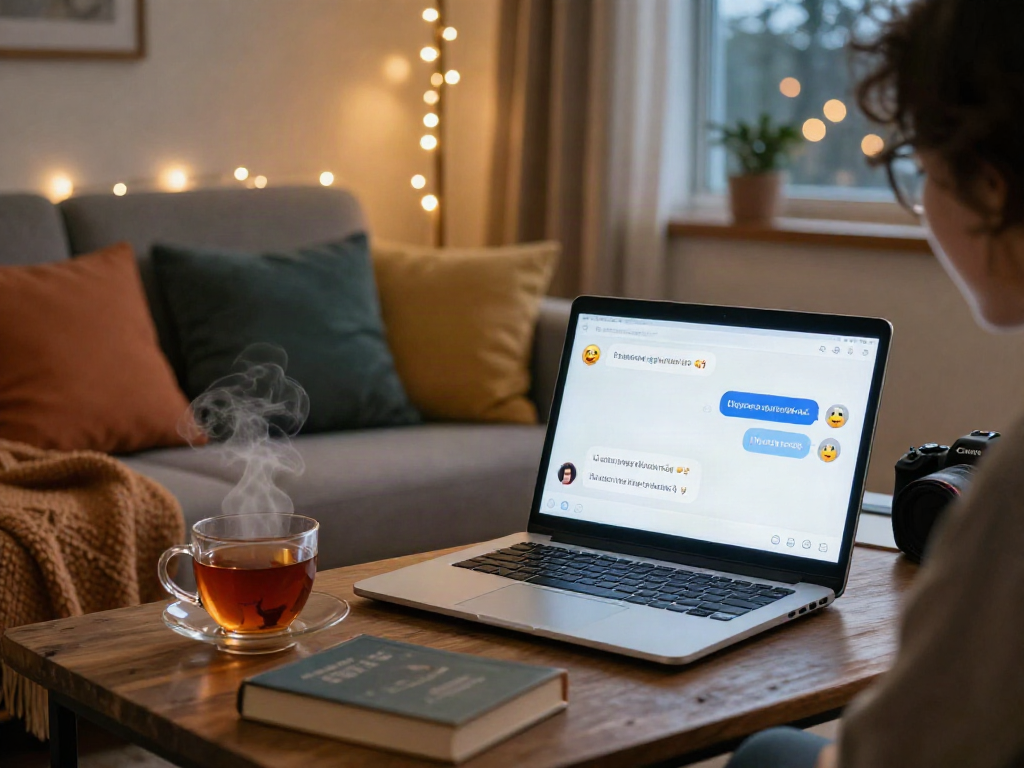 Engaging in a fun porn ai chat on a laptop in a cozy digital setting with playful emojis and a warm atmosphere.