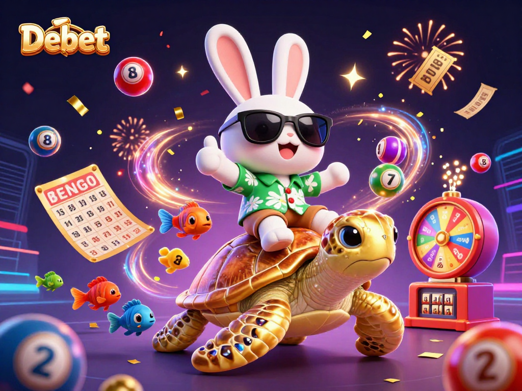 Debet offers an exciting online gaming experience with vibrant casino elements and a lucky themed illustration.