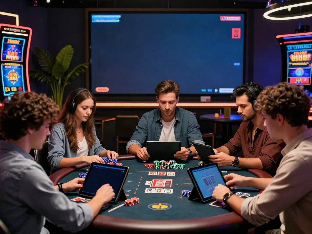 Players at a vibrant casino that accepts credit cards, enjoying live dealer games and digital media.