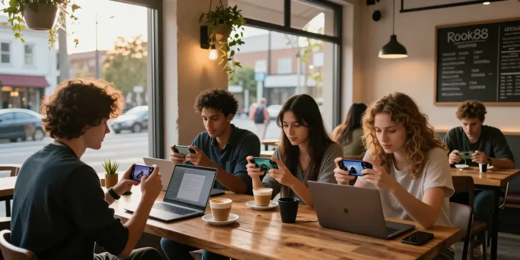 Group of friends enjoying rokok88 promotions while gaming in an urban café.