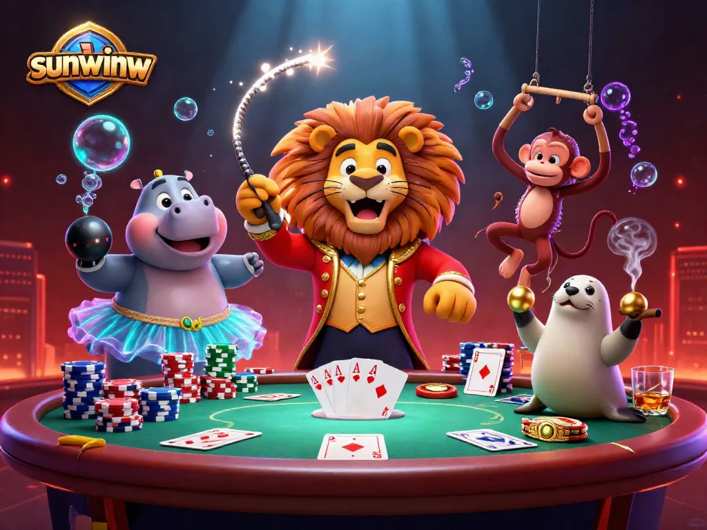 Engage in thrilling poker action at sunwinw with circus characters in a vibrant casino scene.