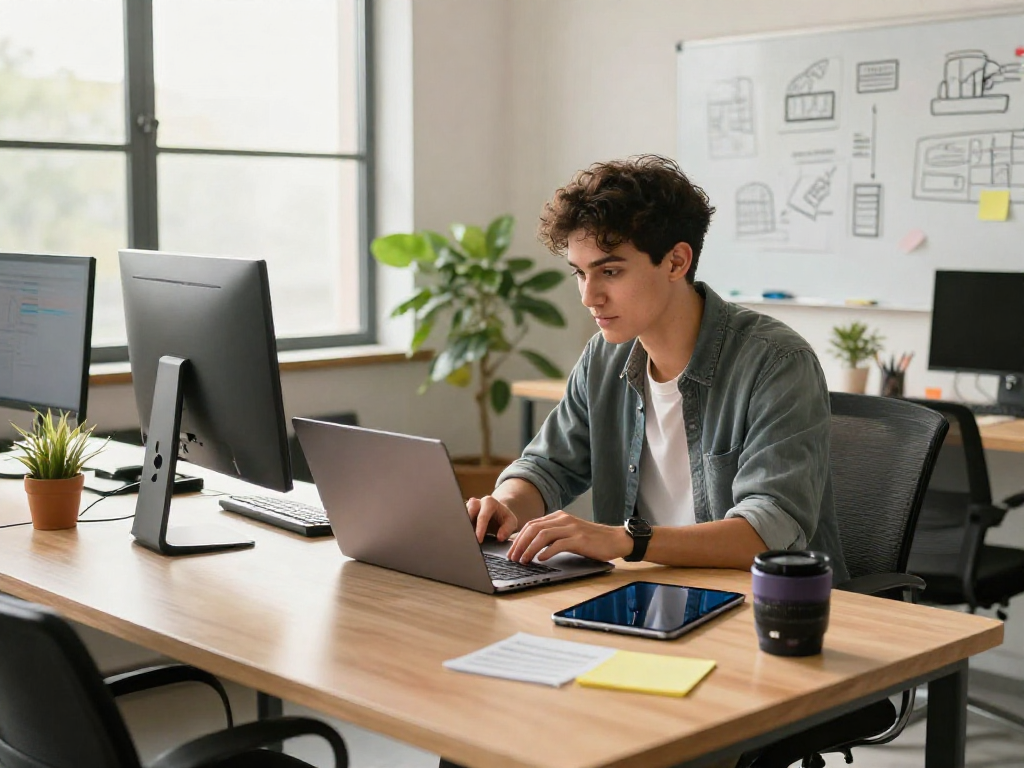 Programador usando Immediate Edge en un espacio de trabajo moderno lleno de tecnología.