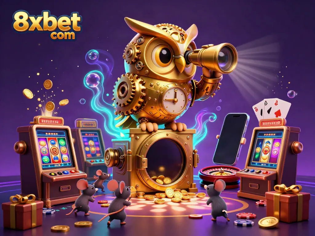 Engage in thrilling gameplay with 8xbet com as the golden owl oversees a dynamic casino scene.